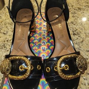 Kurt Geiger Mayfair Block Mid Heel --Black and Gold Women's Sandals